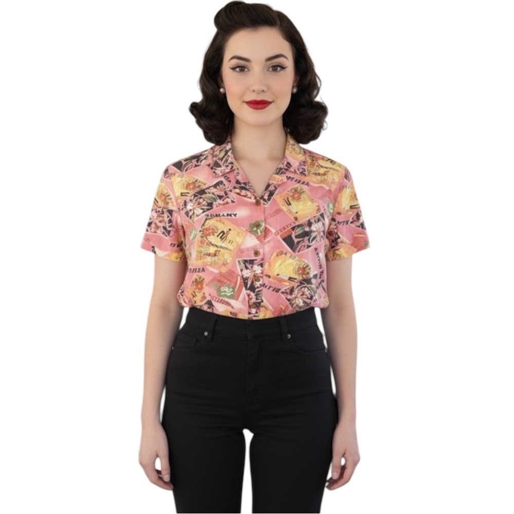 Jamaica Bay Size XL Pink Island Button-Up Short Sleeve Blouse (100% Rayon)